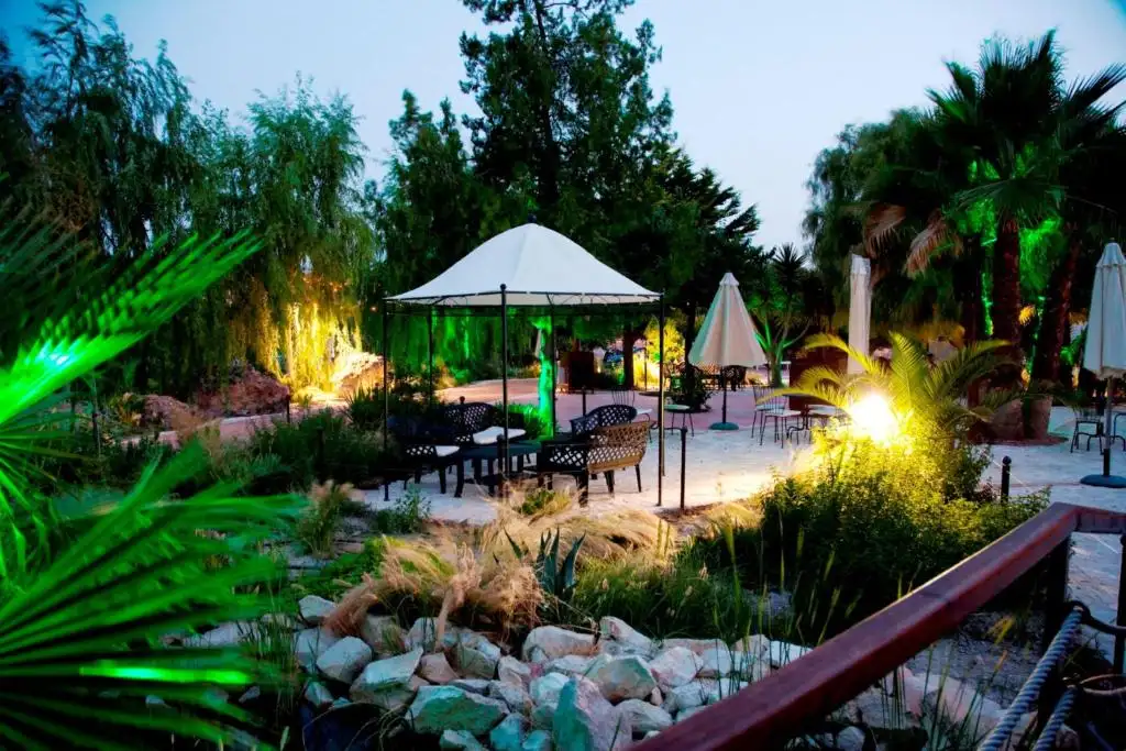 Terrace and Mediterranean gardens in the evening